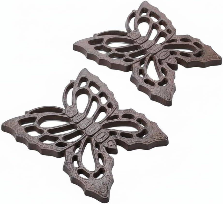 Comfy Hour 11" Vintage Brown Butterfly Duo Stepping Stones, Rustic Antique Figurine Style Home Decor, Heavy Duty Metal Garden Pathway Paver (Set of 2)