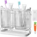 Toothbrush Holders for Bathrooms, Toothbrush Holders with Drain Tray, Tooth Brushing Holder, Bathroom Organizers and Storage Caddy Countertop for Toothpaste, ToothbrushWhite