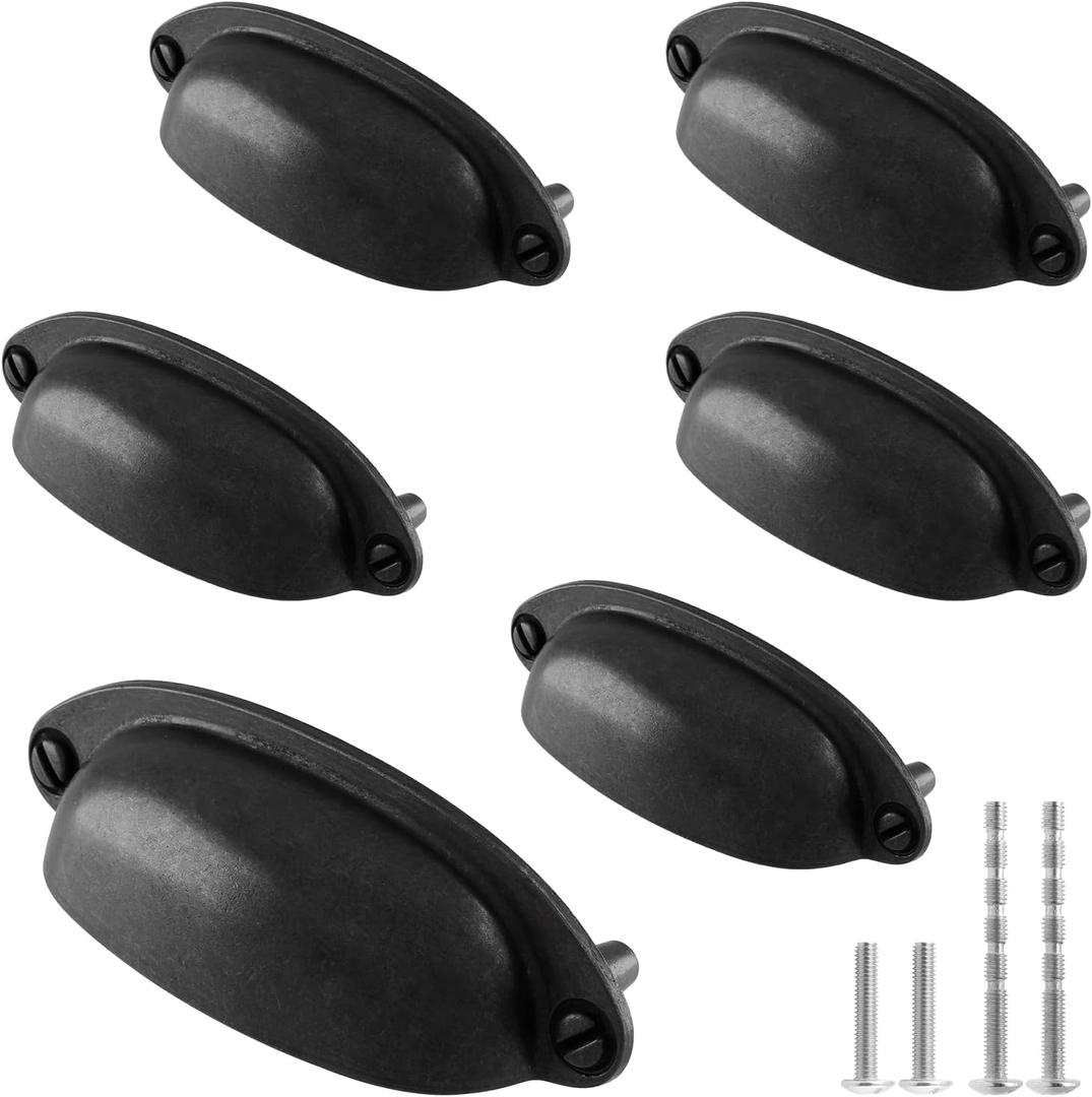 6 Pack Antique Black Drawer Pull Handle Knobs Metal Cup Pull 3.5" Hole Centers, Vintage Shell Pull Handles for Kitchen Cabinet Dresser Furniture