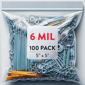 Small Zip Top Storage Bag - 5x5 Inches, Thick Zipper, Reclosable, Mini Poly Plastic, Save for Nails, Screws, Food, Tools (PACK 100)