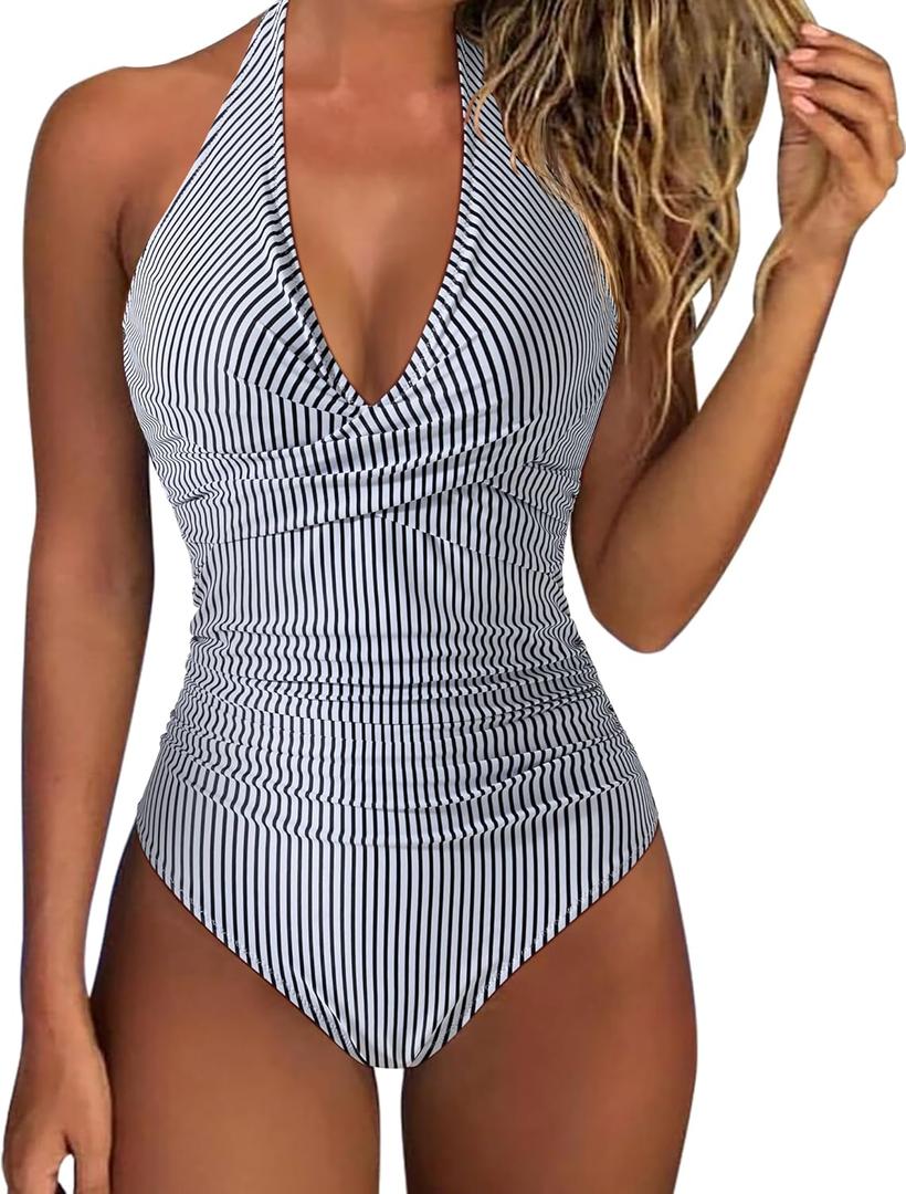 SUUKSESS Women Sexy Tummy Control One Piece Swimsuits Halter Push Up Bathing Suits (Medium, #1 Black Striped)