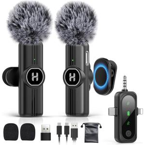 HEHOTTC 3 in 1 Mini Wireless Lavalier Microphone for All Devices (iOS, Andriod, Camera, PC) - Noise Reduction Lapel Mic for Recording, Clip on Omni Lav Mic for Video Recording, Tiktok, YouTube, Vlog (Without Charging Case, Matte Black)