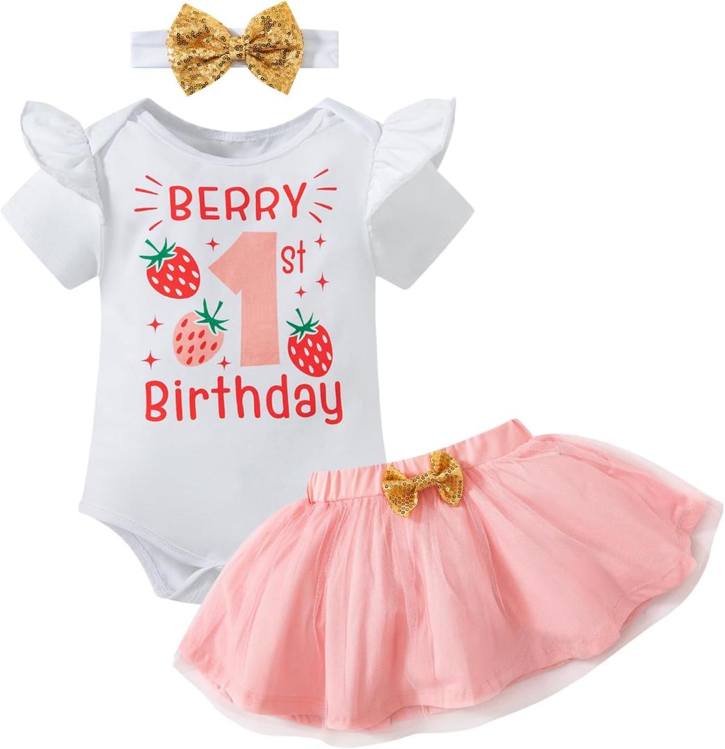 Yruiz Newborn Baby Girl Cow First Birthday Half Way To One Birthday Romper Outfit Skirt (12-18 Months, Red)