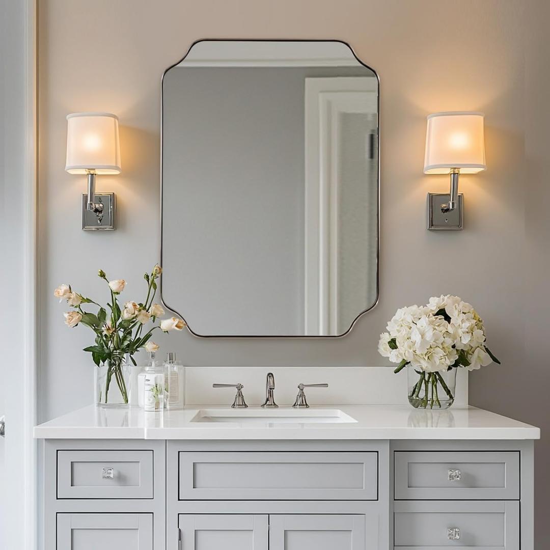 ANDY STAR Scalloped Bathroom Mirror, 24x32 Brushed Nickel Rectangle Mirror for Bathroom, Silver Bathroom Vanity Mirror, Unique Scalloped Edge Design, Rust-Proof Stainless Steel Frame