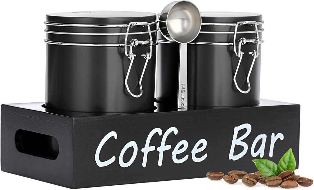 ELLDOO Coffee Containers with Shelf & Scoop - 2 Pcs 23.7OZ(700 ML) Black Metal Coffee Storage Jars with Airtight Lid, Kitchen Food Storage Jars for Coffee Beans, Coffee Powder, Nuts, Snack, Sugar, Tea