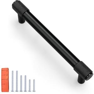 KNOBWELL 6 Pack Knurled Matte Black Solid 5 Inch（128mm） Hole Center Cabinet Handles Drawer Pulls for Kitchen Cabinet Pulls Cabinet Hardware,Aluminum Alloy Modern Cupboard Handles