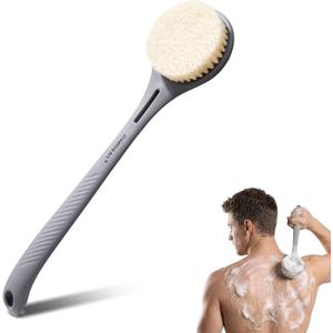 Back Scrubber for Shower for Men Women, Body Brush with Long Handle, Exfoliating Bath Washer with Soft Bristles, Body Exfoliator for Wet or Dry Brushing, Back Scrub Deep Cleaning, Gray