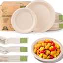 Compostable Paper Plates Set - 250PCS Disposable Heavy Duty Sugarcane Plate & Eco-Friendly Utensil Biodegradable Dinnerware Plates, Extra Long Forks, Knives & Spoons for Party (Brown)