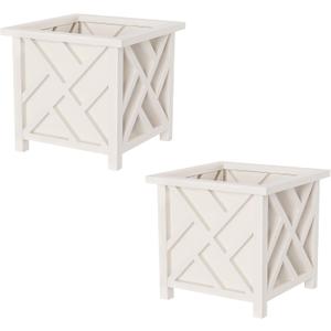 Lattice Design Outdoor Planter Box 2-Pack - 14.75 Square 13 Tall White Decorative Plant Pots for Front Porch Decor - Flower Pots Outdoor Planters for Porch Patio or Garden Decor by Pure Garden