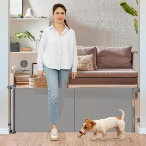 24 Inches Tall Retractable Baby gate for Dogs, Short Pet Gates to Step Over, Extends up to 55" Wide, Reinforced Mesh Doggie Gates for Indoors Outdoors Small Dog Gate for Stairs Puppy Gate (Grey) (Gray)