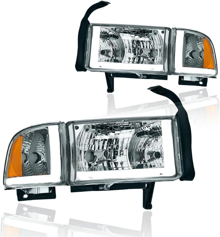 LED DRL Headlight Assembly, Headlights Kit Compatible with 1994-2001 Dodge Ram 1500/1994-2002 Ram 2500 3500(DON'T Fit SPORT Models or Ram VAN Models) Headlamp Chrome Housing Amber Reflector