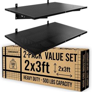 ZONEGRACE 2-Pack 2x3ft Deep Garage Shelving Wall Mount, 500 Lbs Wall Shelf Heavy Duty, Wall Shelves For Garage Storage With Complete Install Kit & Hooks, Black
