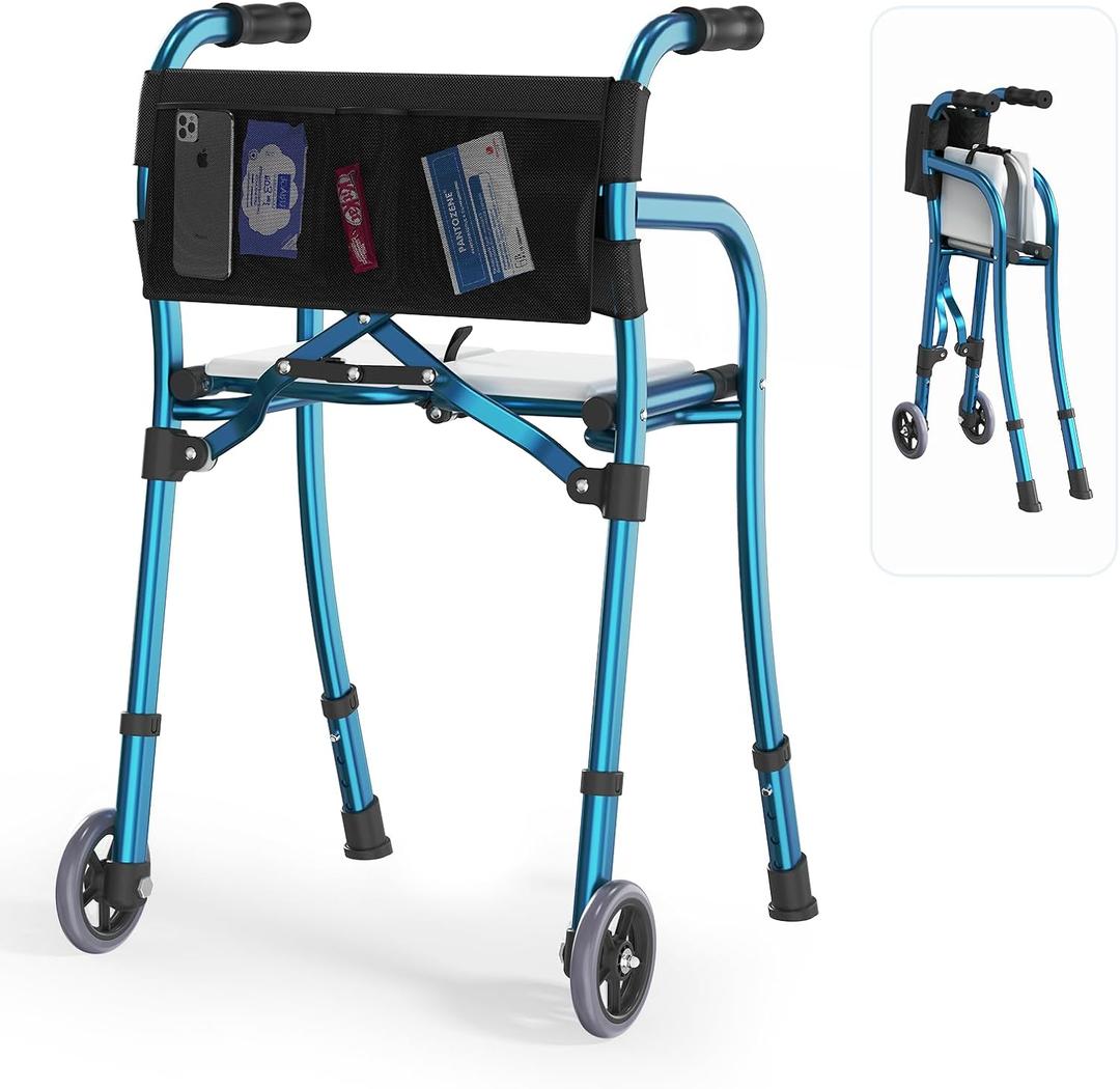 Narrow Walkers for Seniors with Seat, Lightweight Folding Space Saver Mobility Rolling Walker,Height Adjustable Standard Walker with Aluminum Frame, 5-inch Wheels, Compact Travel Walker (Blue)
