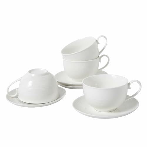 10OZ Porcelain Cappuccino Cups with Saucers, Ceramic Espresso Cups Set, White Coffee Cup and Saucer, White Tea Cup Set, Dishwasher & Microwave Safe, Gift for Anniversary or Housewarming (4PCS)