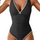 B2prity One Piece Swimsuit for Women Tummy Control Ruched Bathing Suit Push Up Tie Back Swimwear Shell Stitched (XX-Large, Black, White)