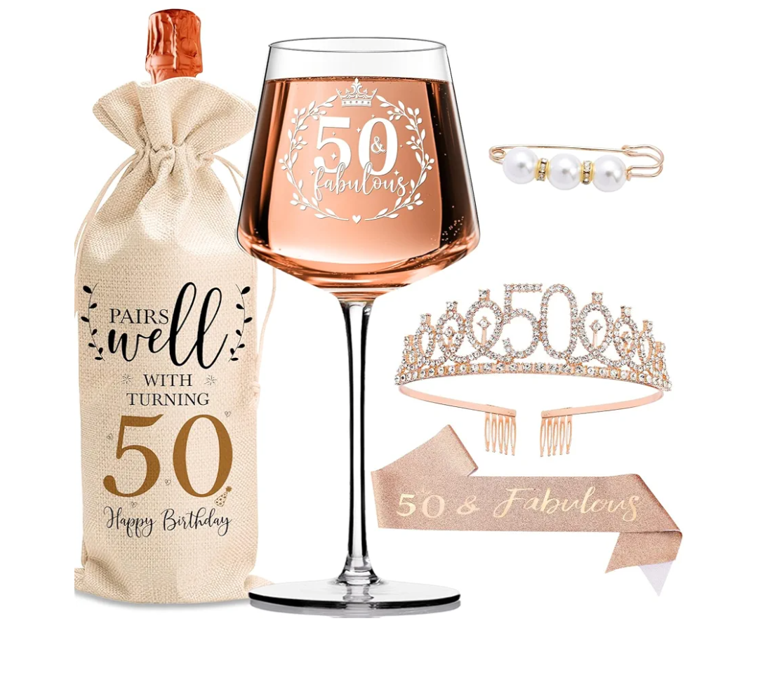50th Birthday Gifts for Women Her - Elegant Decorations with Vintage Wine Glasses, Wine Bag, Birthday Sash, Crown,Rhinestone Birthday Tiara, Perfect for Women,Mom,Wife,Coworker,Best Friend,Sister