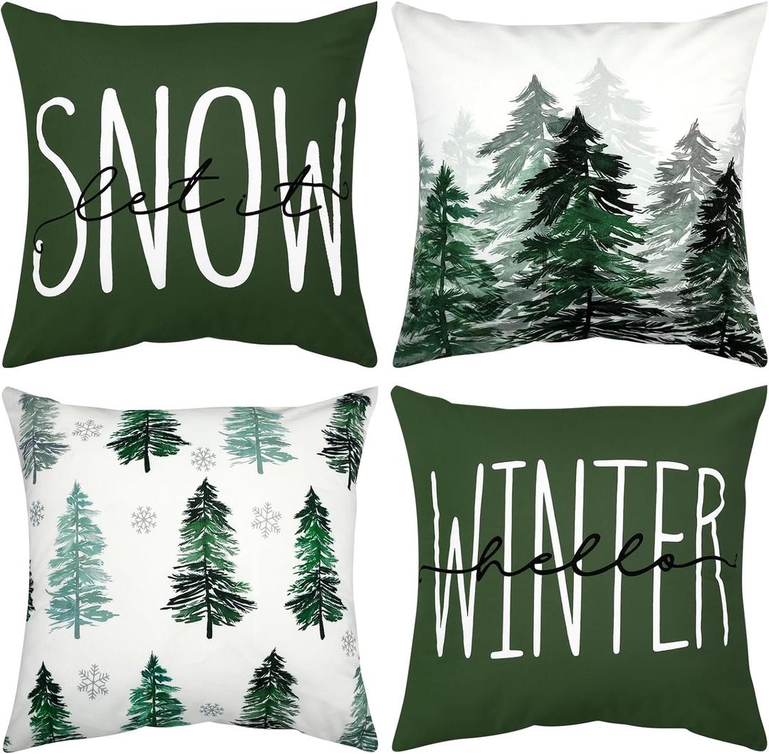 Chuarry Set of 4 Winter Pillow Covers 18 x 18 Inch Green Snowflake Christmas Tree Rustic Soft Throw Pillows Cases Hello Winter Nature Forest Decorative for Couch Bed Sofa Holiday Home Decor