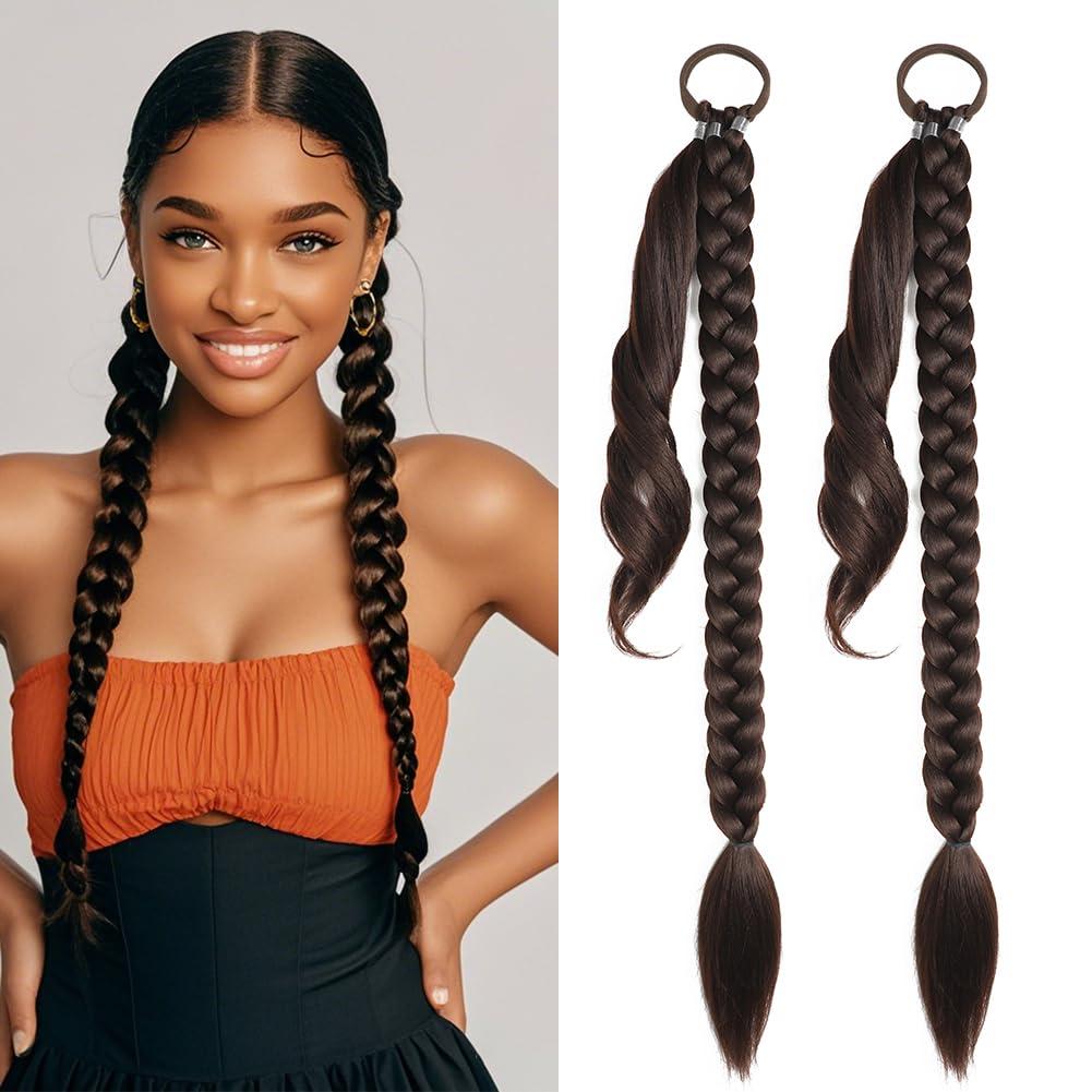 Braided Ponytail Hair Extension, Long Straight Hair Ponytail With Hair Tie Braids Hair Extensions for Women Synthetic Hair Sleek Wrap Around Hair Pieces 32 inch 4# Brown Color 2pcs/lot