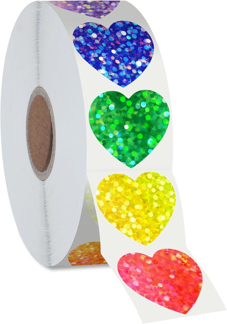 500 PCS Glitter Heart Stickers, 8 Colors Metallic Glitter Stickers Self Adhesive Waterproof Reflective Heart Stickers Love Decorative Labels for Wedding, Classroom Teacher Supplies (Each Measures 1)