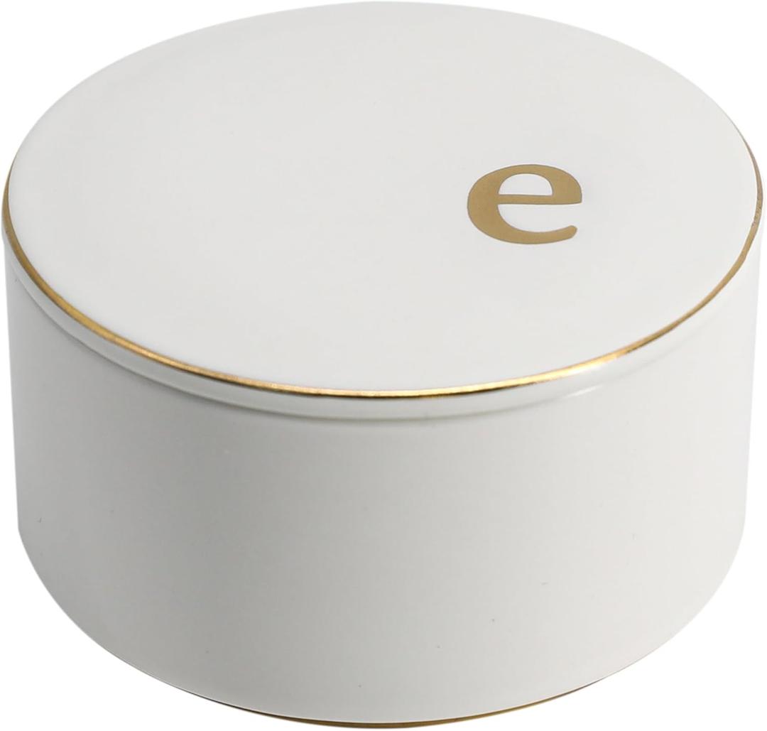 COLLECTIVE HOME - Ceramic Jewelry Box, Elegant Embossed Jewelry Holder, Trinket Organizer with Gold Monogram Lid, Storage for Ring Necklace Bracelet Earrings, Rings and Accessories (e)