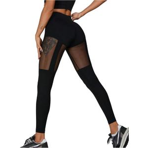 OYOANGLE Women's Sexy Mesh Hollow-Out Breathable High Waist Leggings Yoga Pants Tummy Control Stretch Yoga Leggings (Large, Black)
