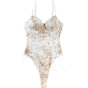 Lilosy Women Sexy Lace Up Floral Embroidered Teddy Lingerie Bodysuit Top Mesh Sheer One Piece (Small, Crushed Flower White)