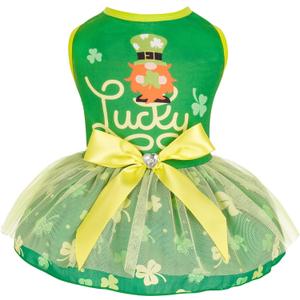 cyeollo St. Patrick's Day Dog Dress Lucky Shamrock Pet Tulle Skirt with Bowtie Holiday Dog Dresses for Small Dogs Cats Apparel, Green XL