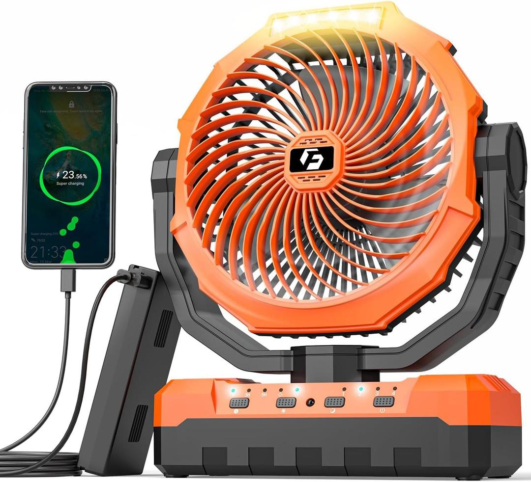 3-in-1 Camping Fan - Detachable Rechargeable Battery Operated Fan with Light & Hook for Tent, Outdoor - USB Table Fan with 4 Speeds for Picnic, BBQ, Fishing, Travel, Hurricane (Orange)