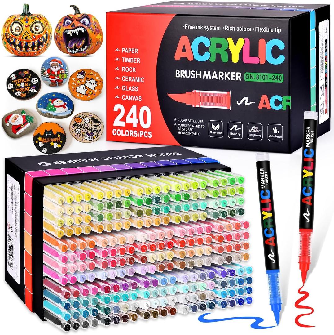 Acrylic Paint Markers Brush Tip 240 Colors, Direct-Liquid Ink Control System, Water-Based No-Bleed Premium Acrylic Paint Pens for School Art, Rock, Fabric, Wood, DIY Crafts (Includes Replacement Nibs)