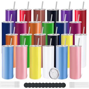 YOUKE OLA 24 Pack Stainless Steel Skinny Tumblers 20oz - Bulk Straight Double Wall Vacuum Insulated Tumbler with Lid and Straw & Silicone Base for Travel, DIY (Mixed Colors)