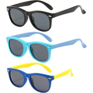 3 Pack kids sunglasses for Boys Girls Kids Polarized Sunglasses (Black+blue+light Blue)