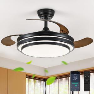 42 Inch Fandelier Ceiling Fan with Light, Retractable Ceiling Fan with Lights for Bedroom Living Room Dinning Room, Chandelier with Fan 6 Speed, LED Dimmable-Black