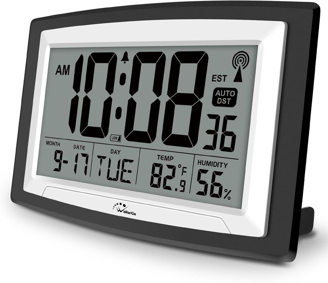 WallarGe Atomic Clock with Indoor Temperature and Humidity, 12.5 Inch Self-Setting Digital Wall Clock or Desk Clock, Battery Operated Digital Clock Large Display for Seniors, Auto DST