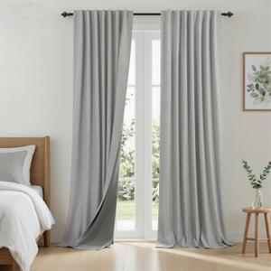 KOUFALL Linen Grey Curtains Blackout for Bedroom Living Room,Back Tab Black Out Light Gray Window Drapes 96 Inch Long 2 Panels Set