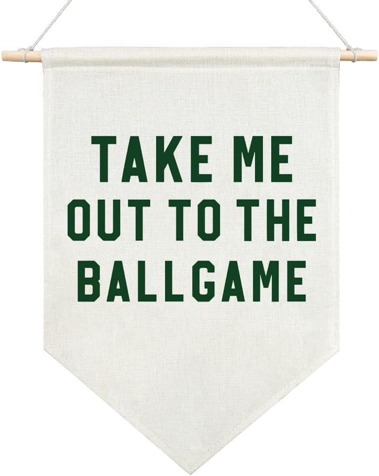 AGMDESIGN Take Me Out To The BallGame Canvas Hanging Pennant Flag Banner, Room Wall Decor, Home Playroom Kids Room Nurserys Flag Decor, Sports Fan Gifts for BallGame Lovers, Baseball Door Hanger (Beige-Green2)