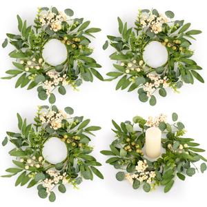 4 Pcs Green Eucalyptus Candle Rings Wreaths Spring Summer Kitchen Cabinet Wreaths Mini Green Berry Leaves Candle Wreath for Pillars Farmhouse Festival Wedding Celebrations Tabletop Decoration