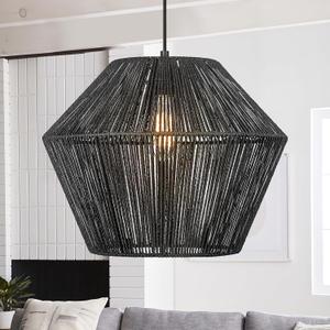 ELYONA 16.5” Large Modern Woven Chandelier Farmhouse Coastal Pendant Light Fixtures Matte Black Handwoven Rattan Basket Shade Boho Pendant Hanging Lamp for Kitchen Dining Room Bedroom Foyer Hallway