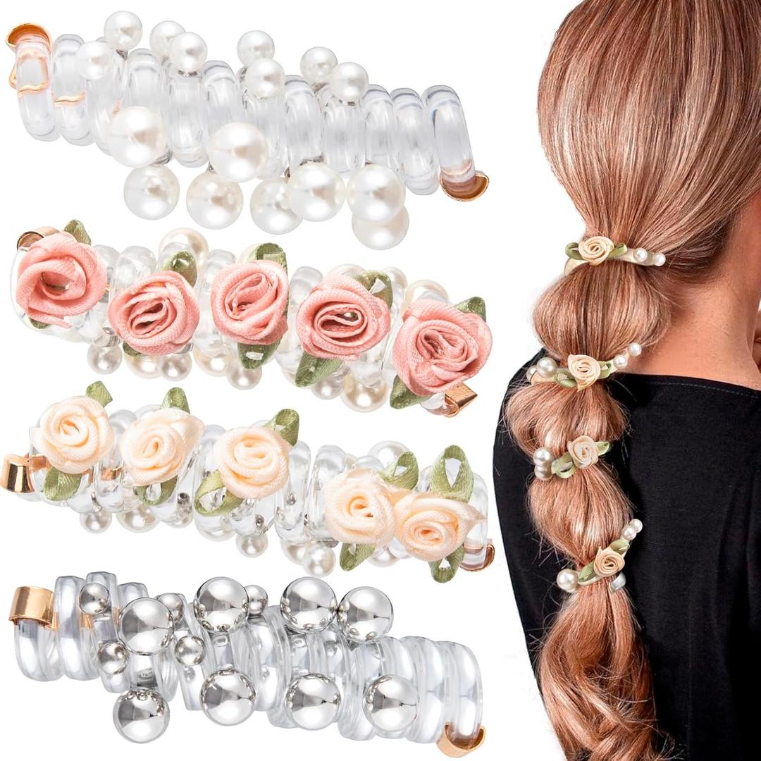 4 Pcs Rose Spiral Hair Ties for Women, Hair Ties No Damage, Elegant Flower Hair Tie, Phone Cord Hair Tie for Daily Use, Party (4 Styles)