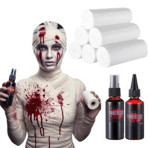 8 Pcs Halloween Fake Blood Spray Kit 6 Roll/ 20ft Halloween Mummy Wrap Costume Bandage with 2.03oz Fake Blood Spray Washable Dripping Fluid Photo Props for Mummy Cosplay Zombie Accessories