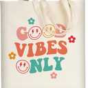 AUSVKAI Canvas Tote Bag Aesthetic for Women, Cute Reusable Cloth Cotton Bags for Shopping Beach Trendy Gifts (Good Vibes Only)