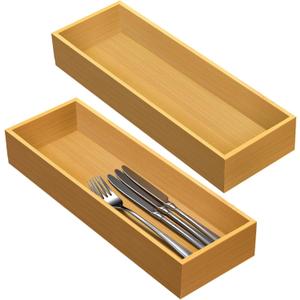 Set of 2 Bamboo Drawer Organizer, Stackable Utensil Organizer for Kitchen, Bamboo Storage Box Wood Silverware Tray for Drawer (14.95" x 5.2" x 1.96")
