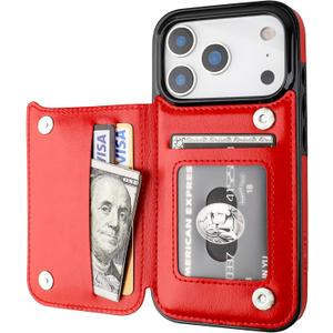 ONETOP Compatible with iPhone 17 Pro Wallet Case with Card Holder, PU Leather Kickstand Card Slots Case, Double Magnetic Clasp and Durable Shockproof Cover 6.3 Inch (Red)