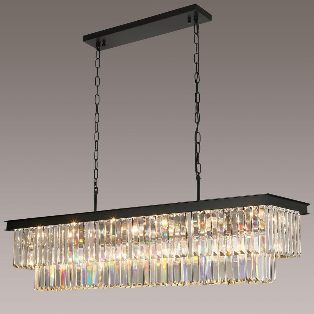 Weesalife Crystal Chandeliers for Dining Room Light Fixtures Over Table18-Lights Black Modern Rectangle Chandeliers for Kitchen Island Bar L46 Inch