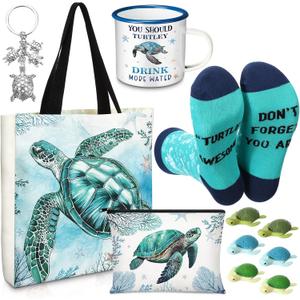 Sea Turtle Lover Gifts for Women Birthday Gifts Baskets Set Include Canvas Tote Bag, Makeup Bag, Socks, Keychain, Enamel Mug, Small Figurines for Mom, Wife, Sister, Friend
