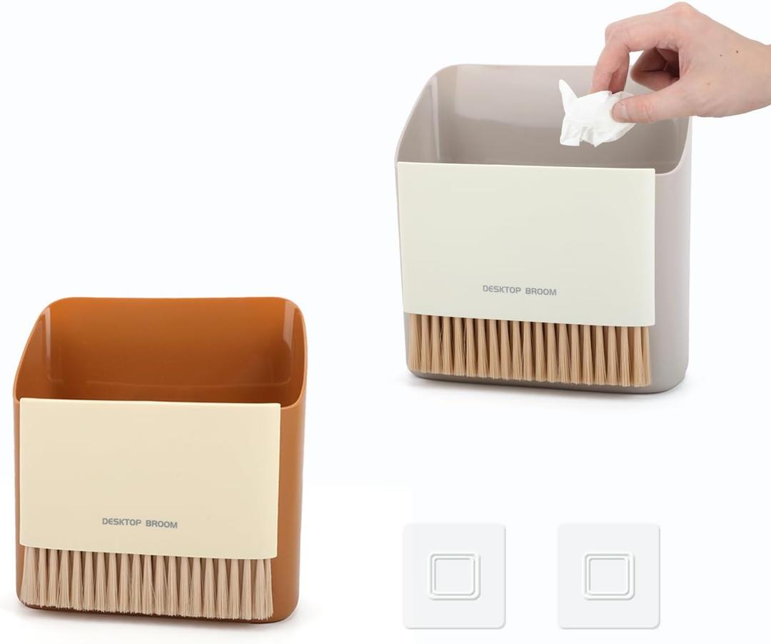 Small Broom and Dustpan Set, Portable Hand Whisk Broom Brush, Mini Hanging Trash Can, Soft Bristle Household Brooms with Dust Pan Combo Set for Cleaning Home, Desktops - 2 Pack (Gray+Orange)