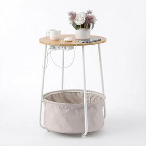 Round Side Table with Charging Station & USB Ports, Modern End Table Nightstand with Fabric Storage Basket, Matte White & Camel Brown Accent Table for Living Room, Bedroom (Burlywood), Small, Round tabletop measures 17.5 