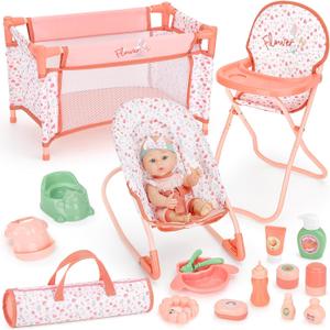 deAO 12" Baby Doll Playset Crib High Chair 18PCS Nursery Pretend Play Toy