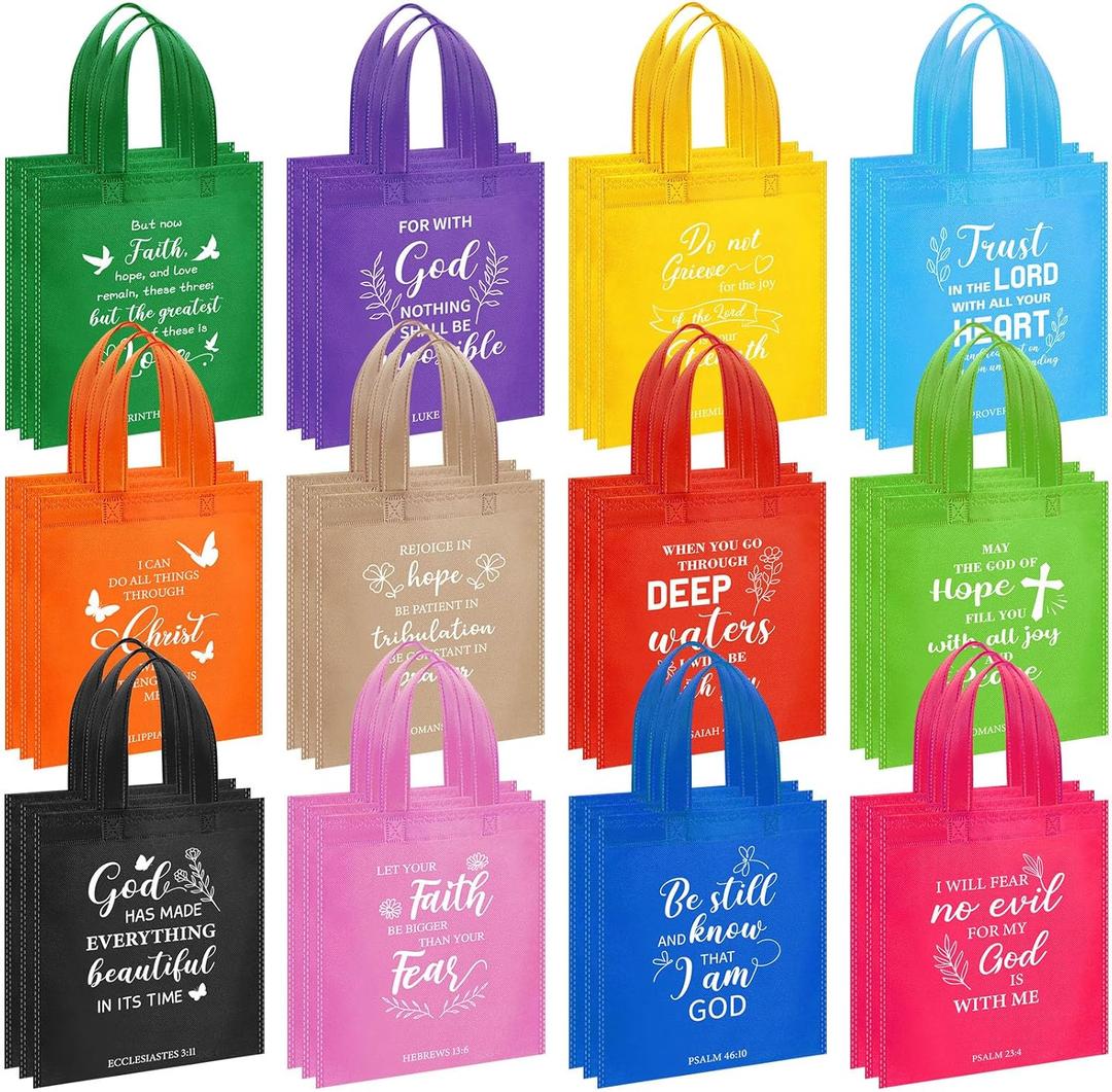 Sweetude 48 Pcs Christian Gift Bags Bulk Bible Verse Gift Bags for Women Religious Reusable Inspirational Christian Tote with Handle, Colorful