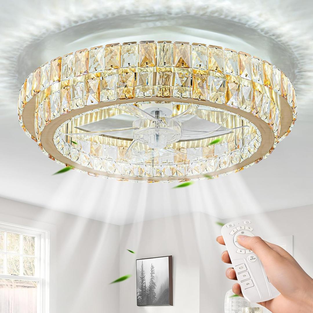 Gold Crystal Fandelier Ceiling Fan with Lights Stunning LED Chandelier Fan, Medium