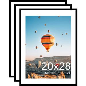 JCJMY 20x28 Picture Frame with 18x24 Mat Set of 3, Display Photo 18x24 with Mat or 20 x 28 Without Mat, Wall Hanging Large 20 by 28 Poster Frame with Plexiglass, 3 Pack, Black